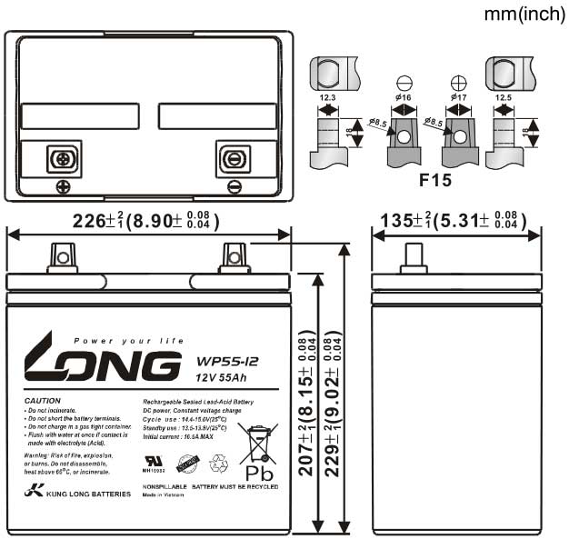 Thông số kích thước của Ắc quy kín khí Long 12V-55Ah (WP55-12)