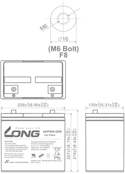 Thông số kích thước của Ắc quy kín khí Long 12V-55Ah (WP55-12N)