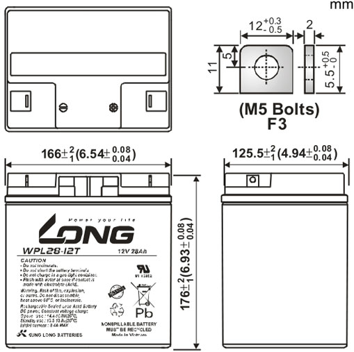 Thông số kích thước của Ắc quy kín khí Long 12V-18Ah (WP18-12NSHR)