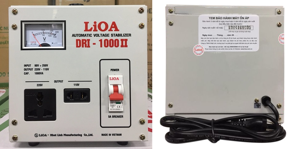 Hình ảnh thực tế 2 mặt trước sau của Ổn áp LIOA DRI-1000II 1KVA