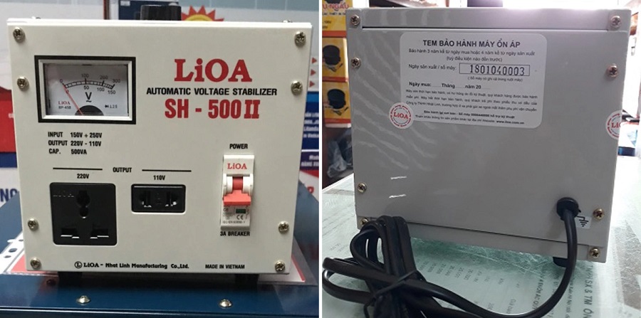 Hình ảnh thực tế nhìn từ mặt trước của Ổn áp LIOA DRI-500 500VA Loại 1 Pha