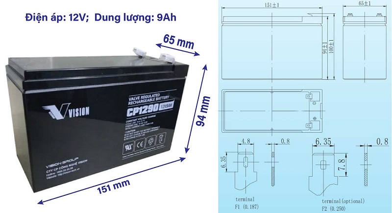 thông số kích thước của ắc quy VISION CP1290