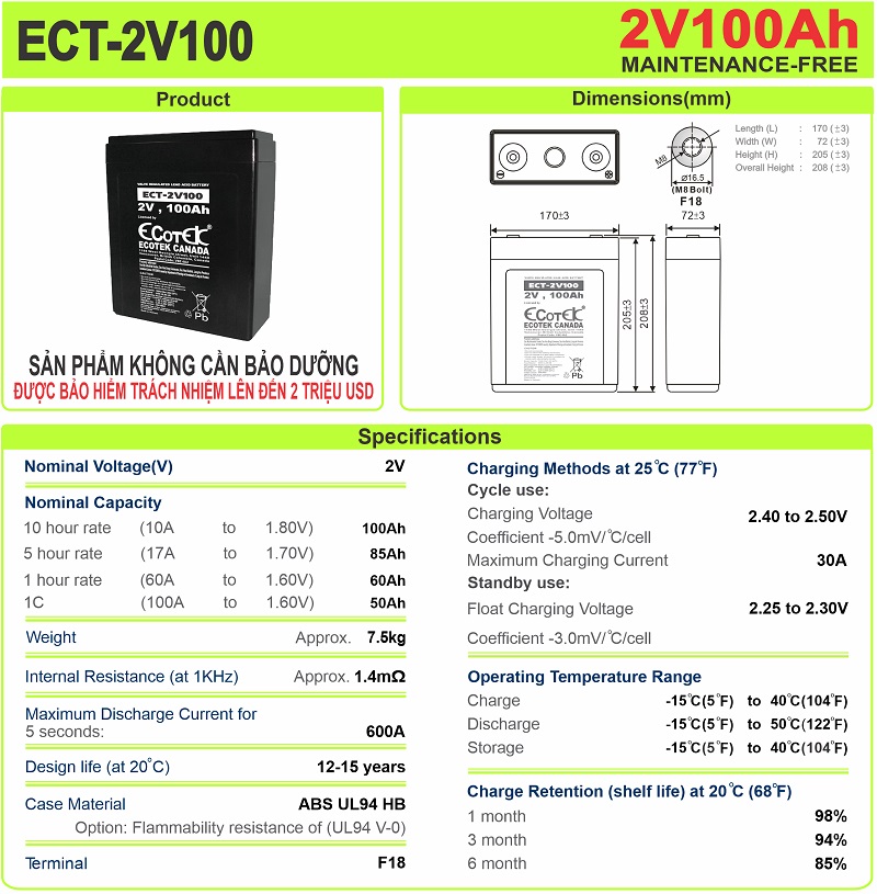 Thông số kích thước ắc quy ECOTEK ECT-2V100 2V-100AH 