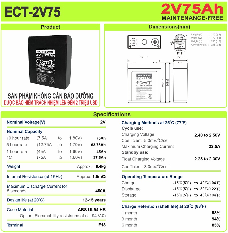 Thông số kích thước ắc quy ECOTEK ECT-2V75 2V-75AH