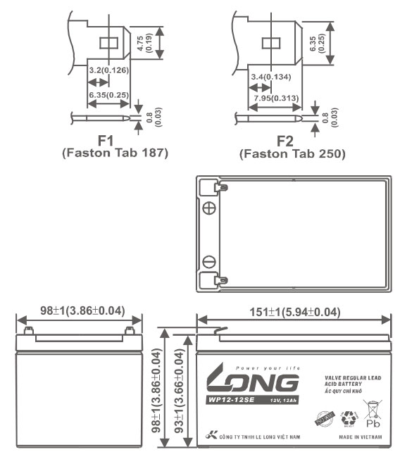 Thông số kích thước của Thông số dòng phóng Ắc quy kín khí Long 12V-12Ah (WP12-12SE)