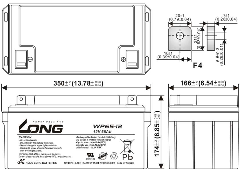 Thông số kích thước của Ắc quy kín khí Long 12V-65Ah (WP65-12)