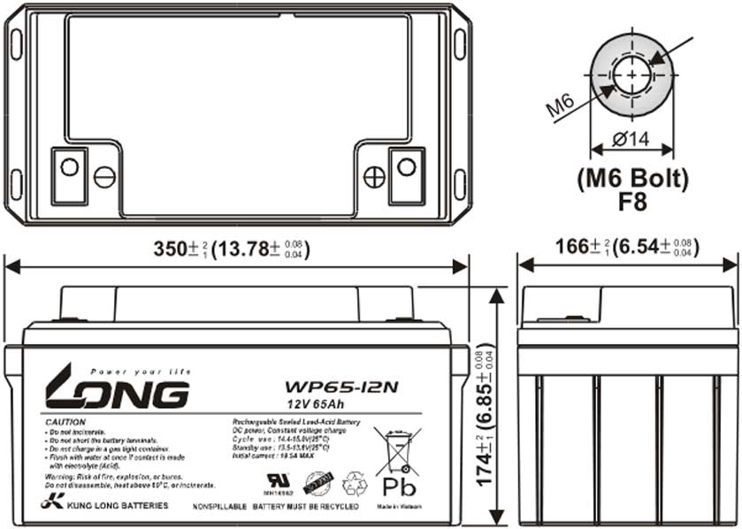 Thông số kích thước của Ắc quy kín khí Long 12V-65Ah (WP65-12N)