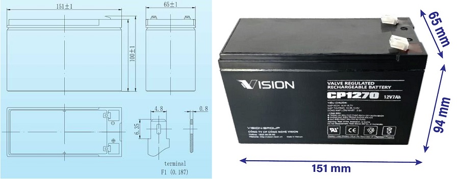 Thông số kích thước của Ắc quy Vision 12V - 7Ah