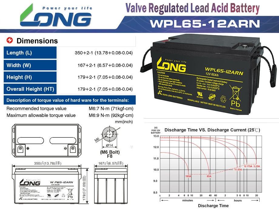 Thông số kích thước cửa Ắc quy kín khí LONG 12V-65Ah (WPL65-12ARN)